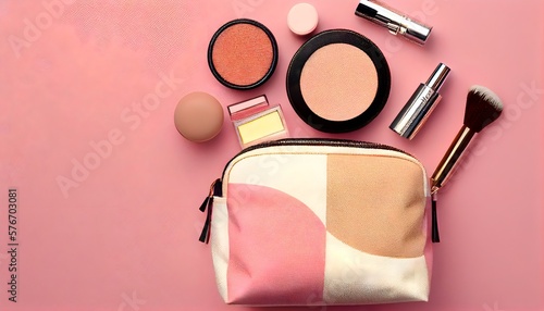 Background to makeup adversite with make up objects. Makeup products makeup tool on a pink background. Generative AI. photo