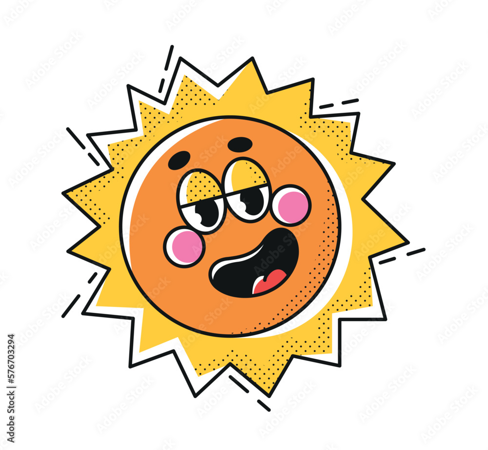 Funny sun with smile and eyes. Cute patch or emblem with cartoon style character. Comic sticker design.