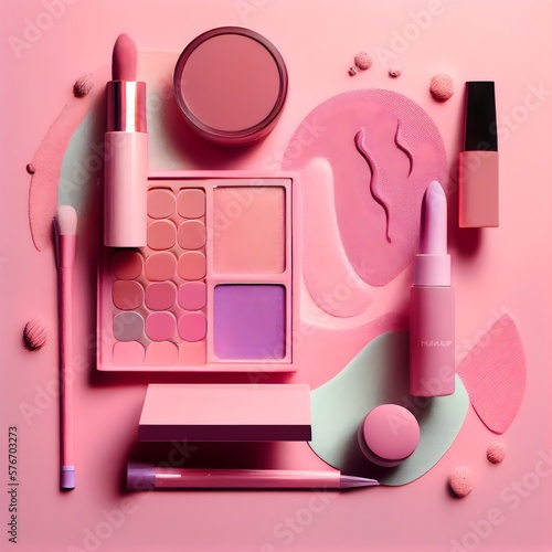 Background to makeup adversite with make up objects. Makeup products makeup tool on a pink background. Generative AI. photo