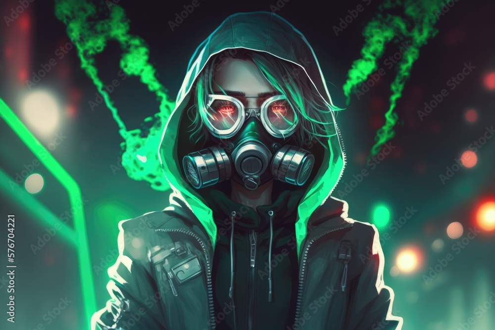 The fashionable cyberpunk girl is outfitted in a leather hoodie and a gas mask with protective eyewear and filters. Bokeh in the city at night, with a colorful image of a human skull bearing a cross o