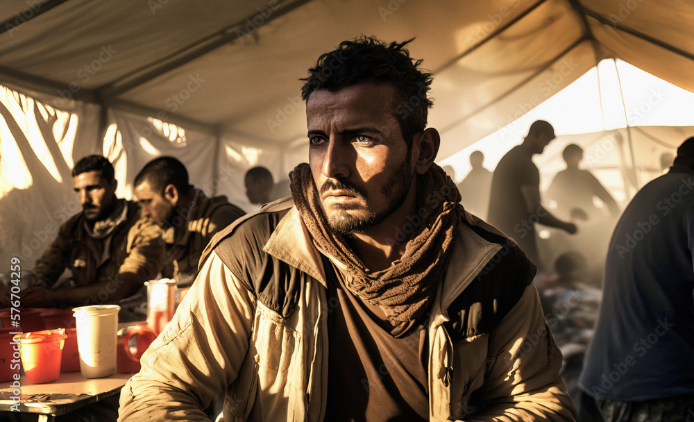Portrait of pensive and serious young man sitting inside of a temporal tent homes in a refugee camp with people eating and cooking on background. Migrants difficulties concept. Generative AI. Portrait of pensive and serious young man sitting inside of a temporal tent homes in a refugee camp with people eating and cooking on background. Migrants difficulties concept. Generative AI.