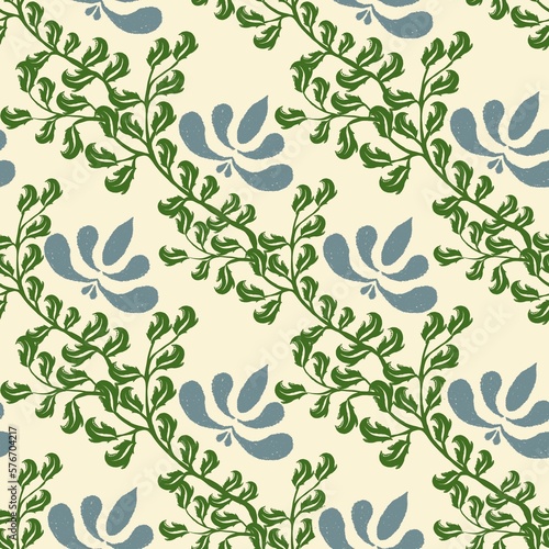 Fototapeta Naklejka Na Ścianę i Meble -  Ivy Floral Seamless Pattern Pastel Print Flowers and Leaves Hand Drawn Style on a Light Background Decorative Background for Fabric Textile Wrapping Paper Card Wallpaper Graptic Seamless Backgrounds
