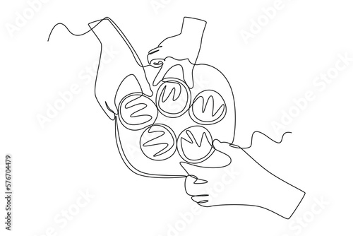 Continuous one line drawing eat with family in Eid Mubarak. Eid al-Fitr concept. Single line draw design vector graphic illustration.