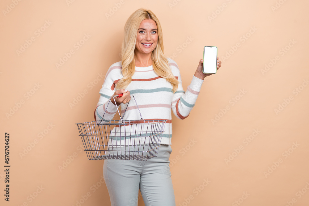 Photo of charming woman shopaholic hold basket online shopping wear striped pullover hold phone display new app isolated on beige color background Photo of charming woman shopaholic hold basket online shopping wear striped pullover hold phone display new app isolated on beige color background