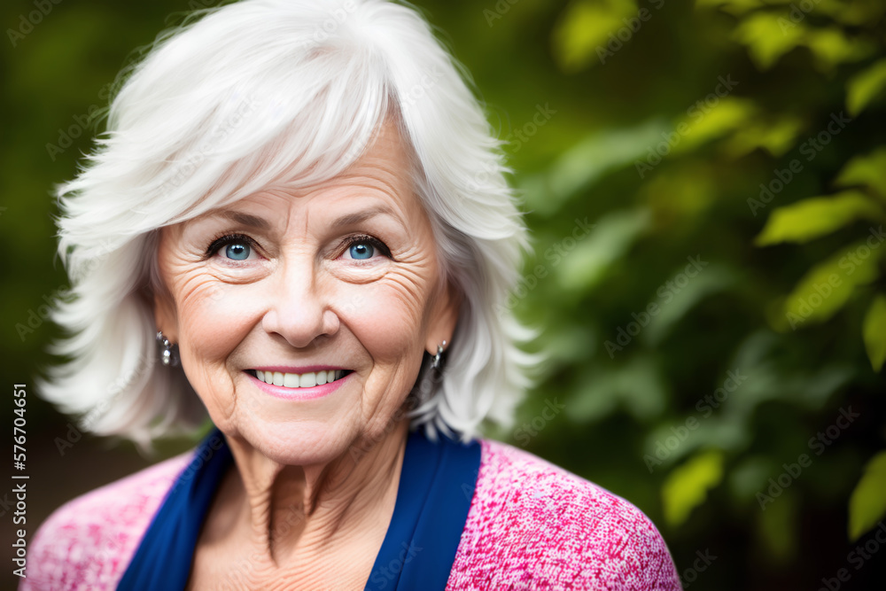 Gray hair happy elegant European senior elderly woman on green blurry background with copy space. Generative AI. Gray hair happy elegant European senior elderly woman on green blurry background with copy space. Generative AI.