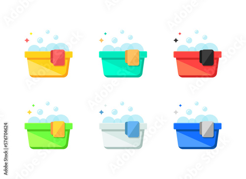 Plastic basin vector set. Foam basin, washing icon