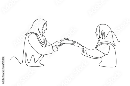 Continuous one line drawing Muslim women sharing food with her friend. Eid al-Fitr concept. Single line draw design vector graphic illustration.