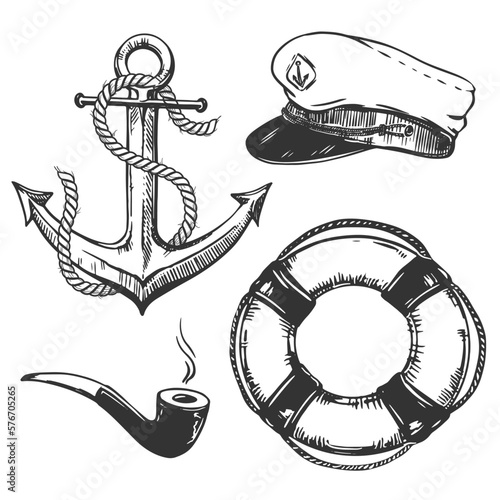 Set of vintage nautical elements. Vector captain's cap, smoking pipe, lifebuoy, metal anchor, rope. Monochrome illustration in engraving style. Package design elements, sea restaurant menu.