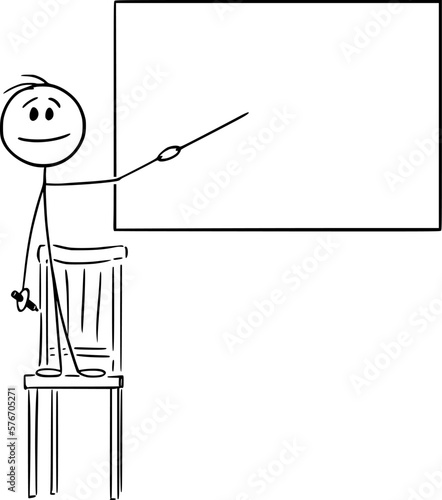 Child Pointing at Empty Whiteboard , Vector Cartoon Stick Figure Illustration