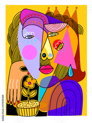 Abstract fine art vector face portrait of people hand drawn vector illustration. Colorful, line, shapes modern design for wall art, home decoration, poster, cover, cards and prints.