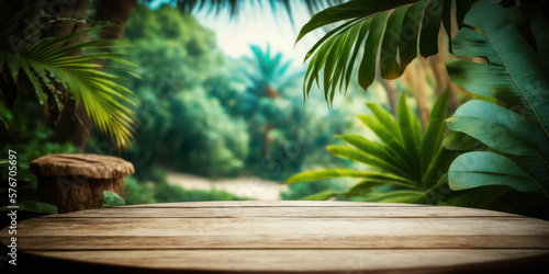 Table en bois brut vide pour présentation produit, ambiance tropicale, végétation luxuriante