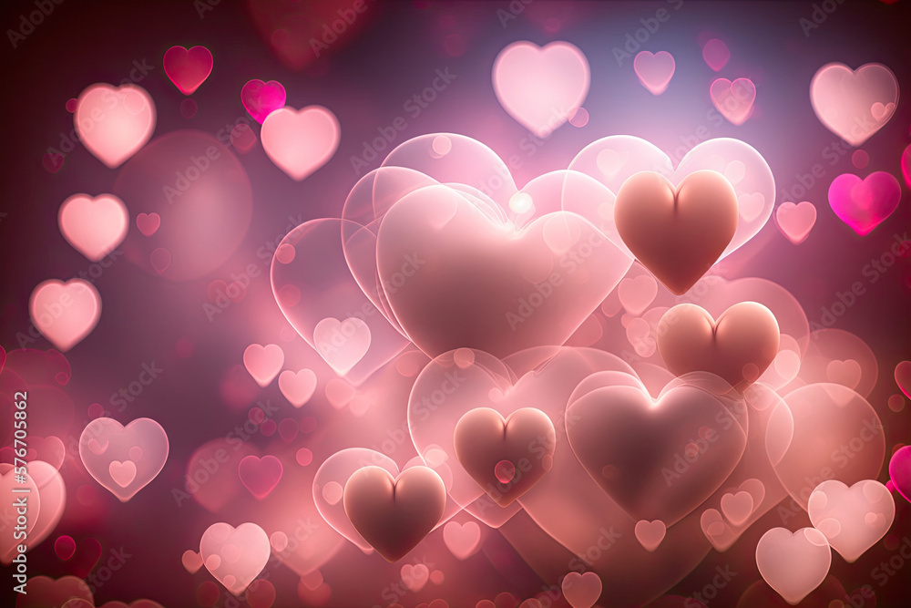 Valentine day hearts bokeh pink background, generative ai