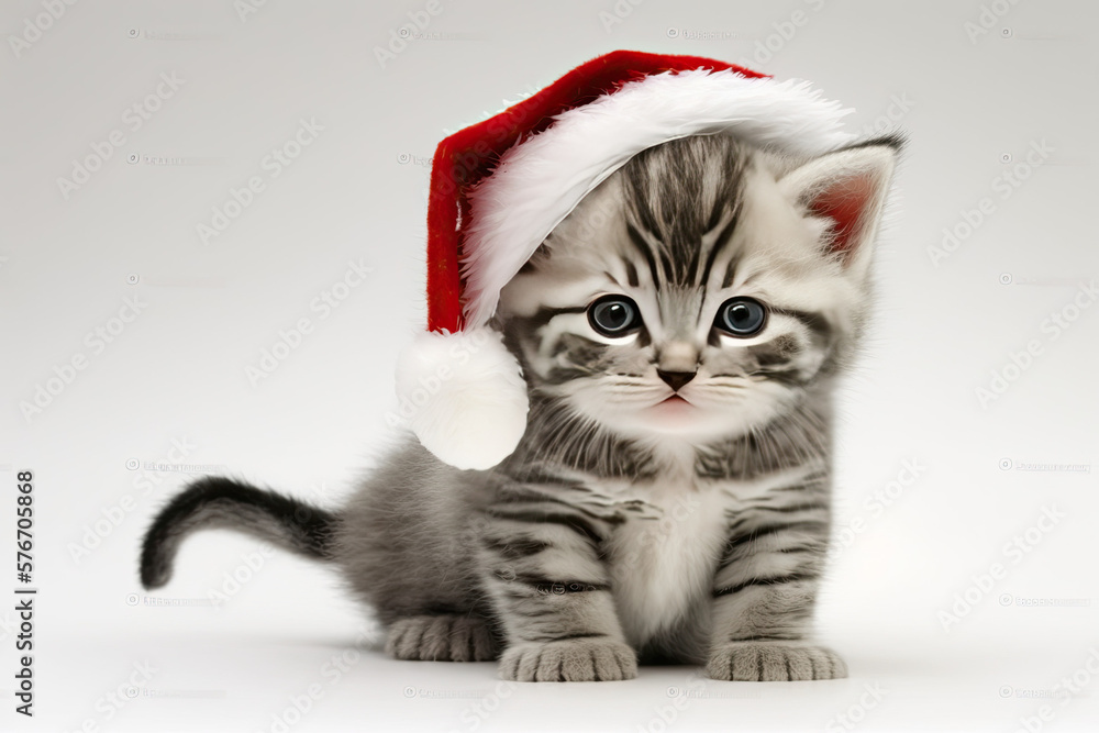 Kitten cat with santa hat christmas, generative ai Kitten cat with santa hat christmas, generative ai