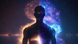 generative ai illustration of Astral body silhouette with abstract space background. light reflexes flood the body, generative ai