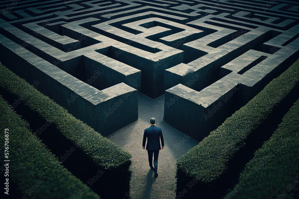 Man in maze is looking for way out. Concept of finding right solutions in life. Figure of man in labirynth with high walls. Created with Generative AI - obrazy, fototapety, plakaty 