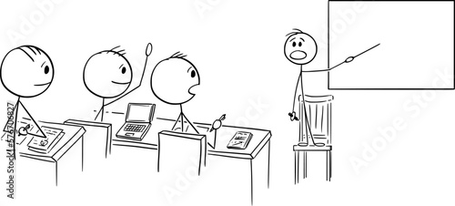 Genius Child Teacher Teaching Students , Vector Cartoon Stick Figure Illustration