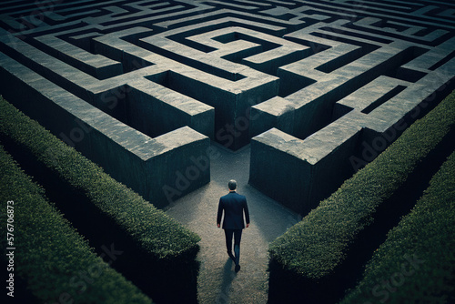 Man in maze is looking for way out. Concept of finding right solutions in life. Figure of man in labirynth with high walls. Created with Generative AI