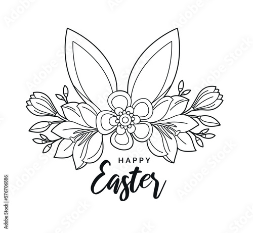 Happy Easter. Bunny ears with flowers and leaves. Сontour pictures for coloring book, design greeting card, print and poster.