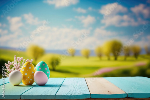 Generative AI of Easter eggs with flowers on table photo