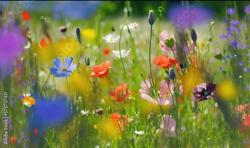  a field full of colorful wildflowers and other flowers.  generative ai © Anna
