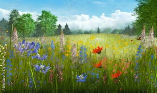  a painting of a field full of wildflowers and trees.  generative ai