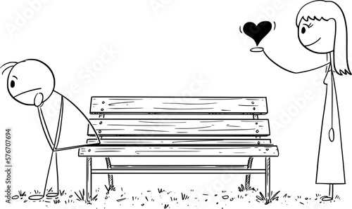 Depressive Lonely Man, Woman is Giving Him Love , Vector Cartoon Stick Figure Illustration