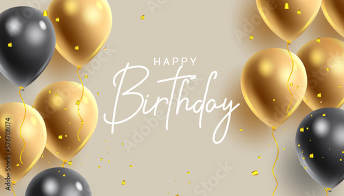 Happy birthday vector background. Happy birthday text with black and gold balloon for birthday celebration design vector illustration.