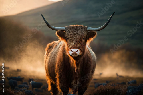 Portrait of a brown Scottish Highland Cattle cow with long horns.