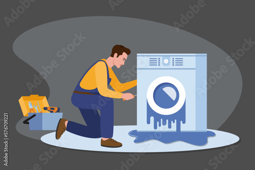 Master with set of professional tools repairs a washing machine. Washing machines repair service. Man character in uniform and washing machine with a breakdown. Vector illustration 
