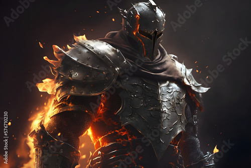 Portrait of a Knight in Armour, Fire Battle Fantasy Background. Illustration Generativ ai 