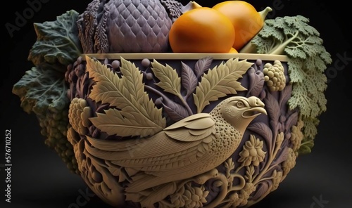  a decorative bowl with a bird and fruit inside of it.  generative ai