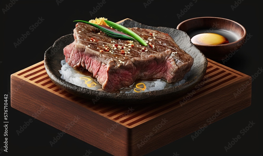  a steak on a plate with chopsticks and a bowl of sauce.  generative ai