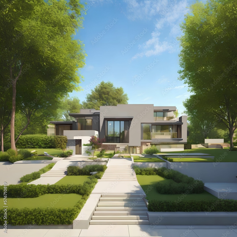 illustration landscape big modern family house, generative art by A.I.