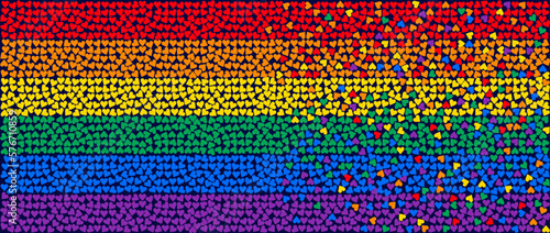 Pride flag of hearts. Background with LGBTQ Pride colours. Set of colored hearts banner logo lgbtq pride month with rainbow. Vector symbol of pride month june support. Isolated on black background.