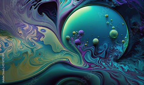  an abstract painting with blue, green and purple colors and bubbles. generative ai