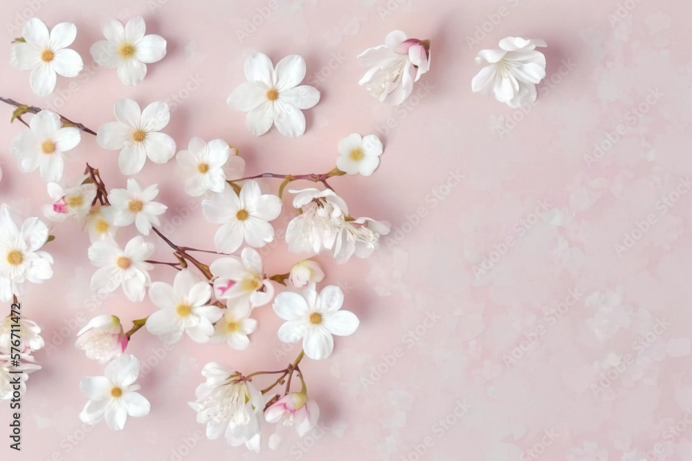 Cherry Blossom Background - Delicate cherry blossom flowers against a soft pink background - Generative AI technology