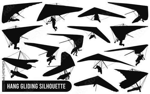 Vector black silhouettes hang glider or parachute skydiving