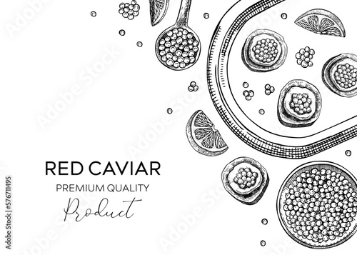 Seafood delicacy banner in sketched style for restaurant menu design. Hand-drawn tray with canned caviar, red caviar canape, lemons and spices illustrations. Finger food sketched background