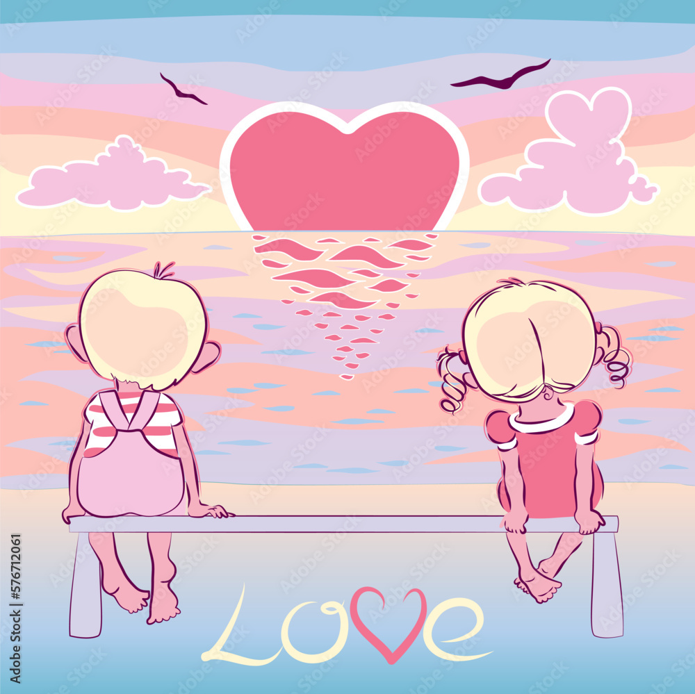 Vector romantic illustration of a boy and a girl sitting on a bench and watching the sunrise over the sea. Sun in the shape of a heart. Below is the inscription 
Love.
