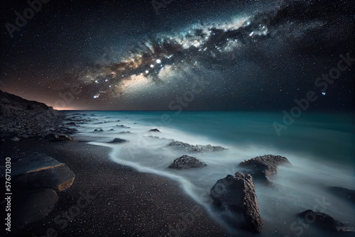  Long time exposure night landscape with Milky Way Galaxy above the sea.