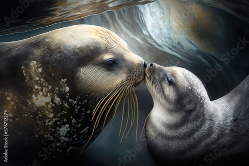 Antarctic seal with baby kissing mom. Save seal. Ai generation. 