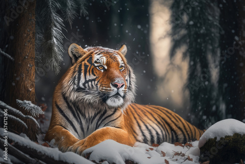 The Manchurian tiger lies under a tree in a winter snowy forest. Photorealistic illustration generated by AI. 