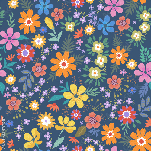 A pattern of orange, green, yellow and purple flowers with green leaves on a dark blue background.