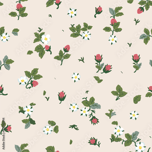 Strawberry seamless pattern. Cute summer berries and flowers on a beige background. Textile design made of strawberry fabric.