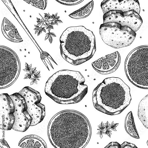 Seafood background for restaurant or finger food menu design. Hand-drawn sketches of canned caviar, black caviar canape, bread, lemons. Sea delicacy seamless pattern in sketched style.
