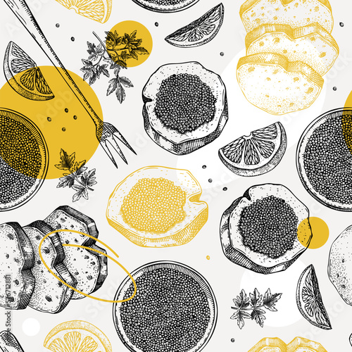 Seafood background for restaurant or finger food menu design. Hand-drawn sketches of canned caviar, black caviar canape, bread, lemons. Sea delicacy seamless pattern in collage style.