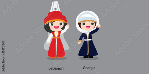 Lebanon in national dress with a flag.  woman in traditional costume. Travel to Georgia . People. Vector flat illustration.