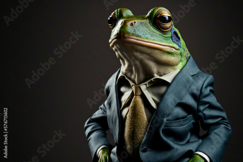 Portrait of a frog dressed in a formal business suit ,made with Generative AI