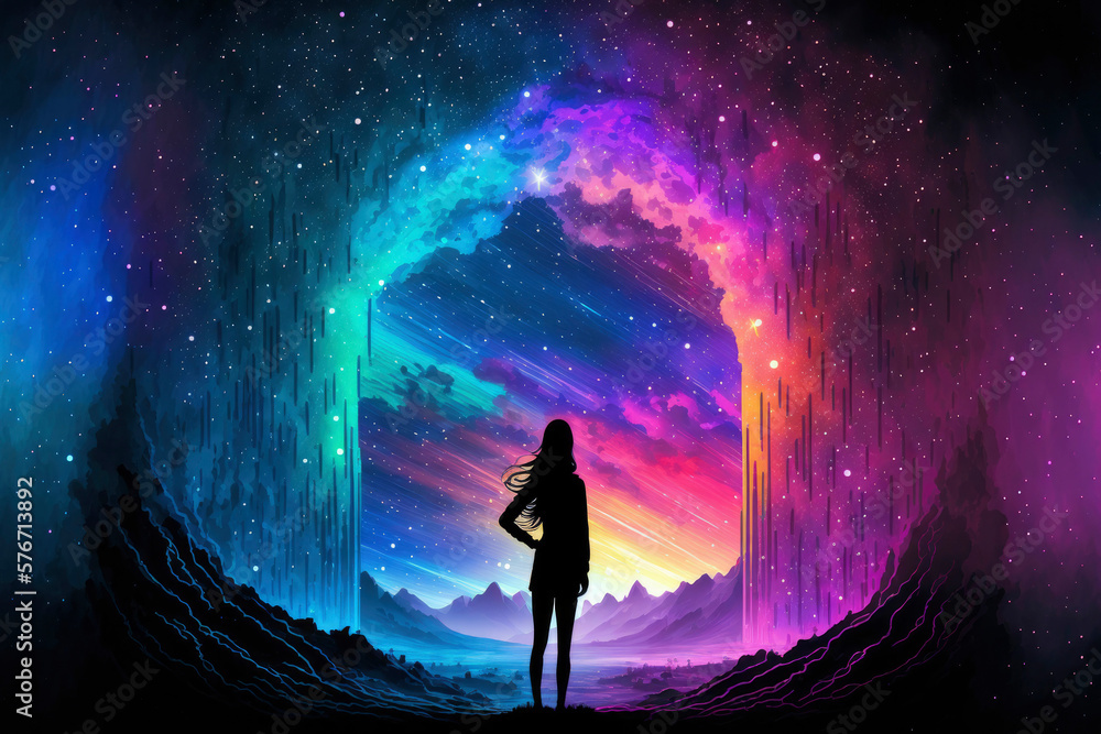 Fototapeta premium Lonely girl in outer space, abstract galaxy background ,made with Generative AI