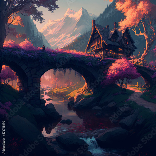 Canvas Print Fantasy elven village with a bridge ,made with Generative AI